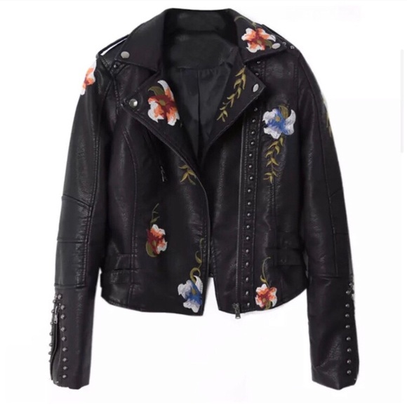 Vegan Leather Embroidered Moto Jacket - Picture 2 of 7